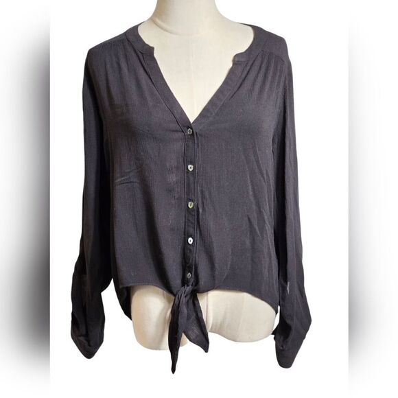 Candie's Black Sheer Tie Front Long Sleeve Y2K Button Front Blouse Top - Picture 1 of 7